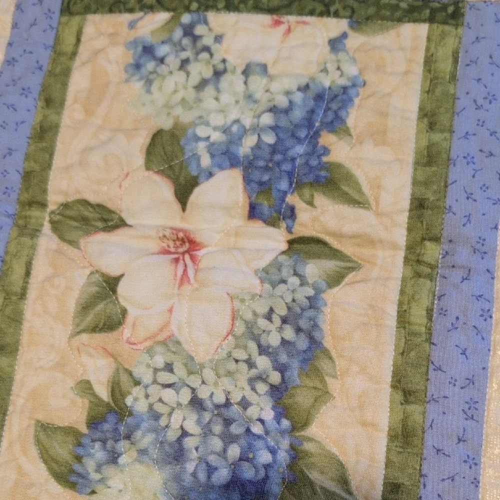 Handmade Floral Patchwork Quilt Table Runner Wall Hanging Hydrangea Blue Cream
